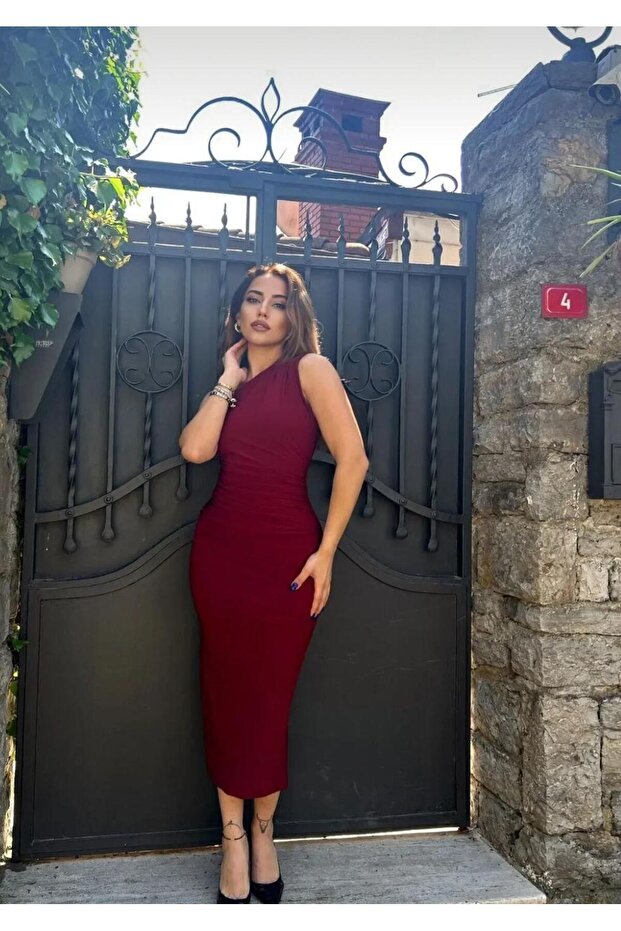 İsabella Tek Omuz Detaylı Drapelli Yırtmaçlı Elbise - 6