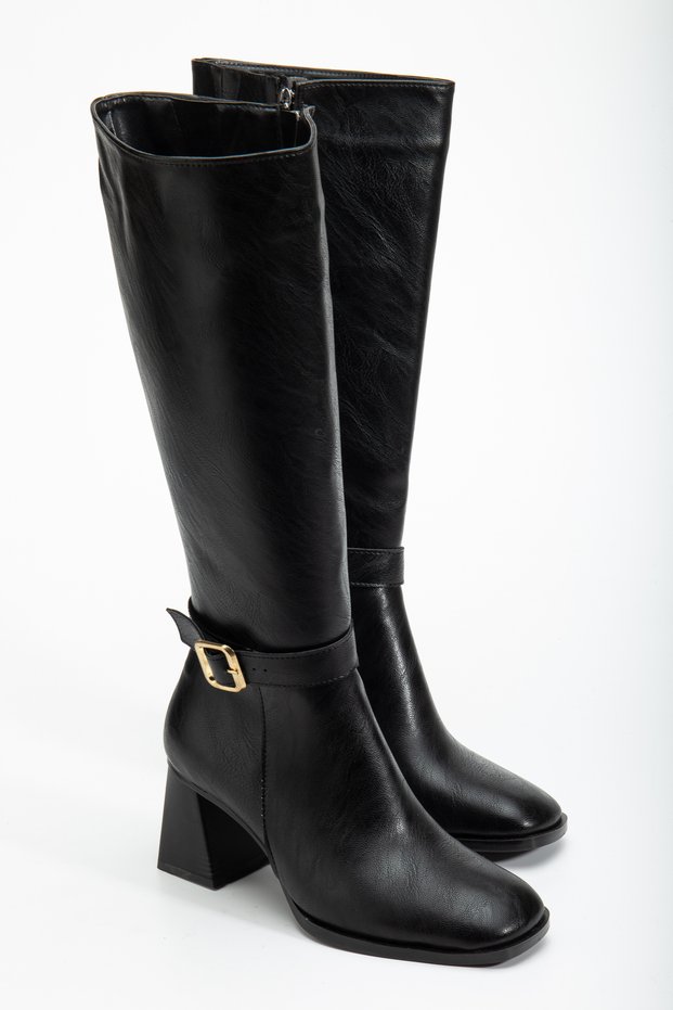 Women's Black Leather Tpu Sole Belt Buckle Zippered Heeled Boots