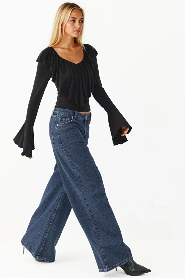 Volanlı V Yaka Esnek Örme Sandy Bluz - 4