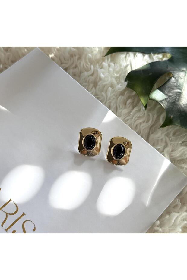 Black Enameled Rectangular Earrings - 1