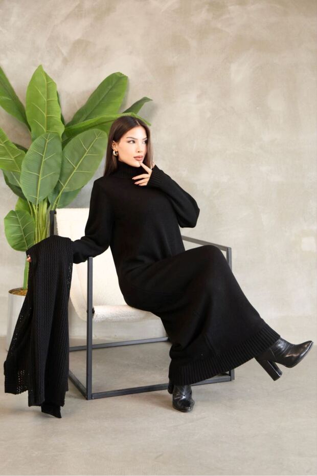 Women's Turtleneck Knitwear Dress and Long Cardigan Double Set-Black