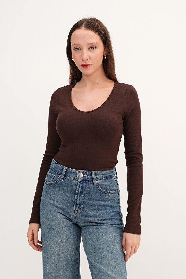 V Yaka Uzun Kollu Basic Bluz B12343 - 5