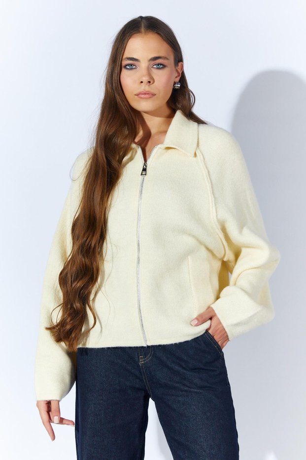 Women's Cream Collar Casual Cardigan with External Pockets and Zipper