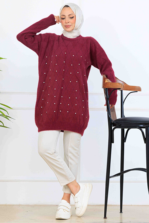 Stone Detailed Knitwear Tunic S3008 Plum