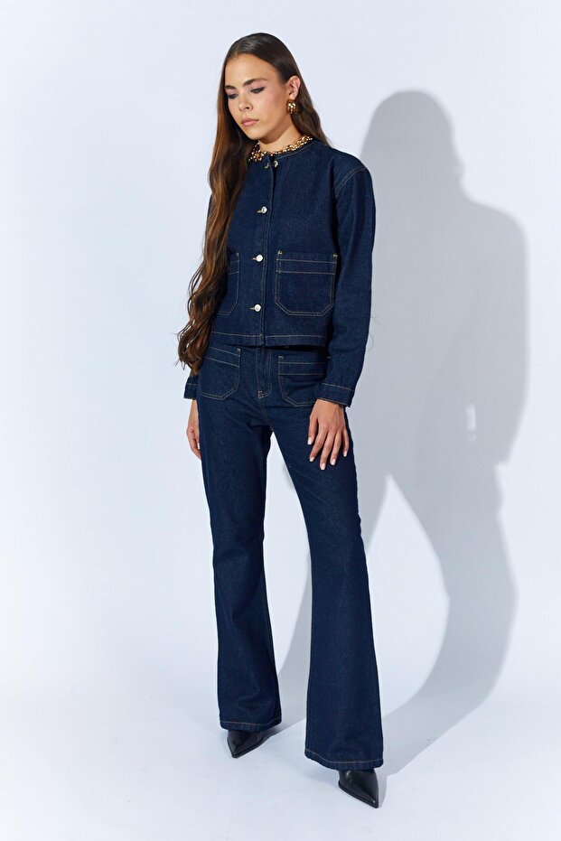 Women's Rins Washed Crew Neck Pocketed Spanish Pants Jean Set