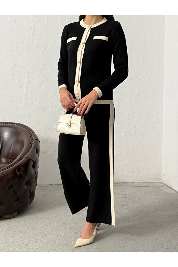 Women's Stripe Detailed Pearl Buttoned Pants Bottom Top Set