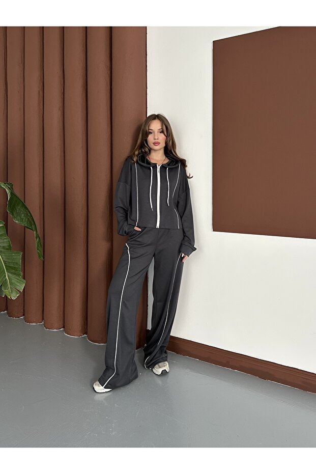 Smoked White Striped Oversized Hooded Top and Wide Leg Pants Set
