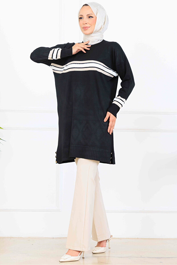 Striped Detailed Mercerized Tunic K5020 Black
