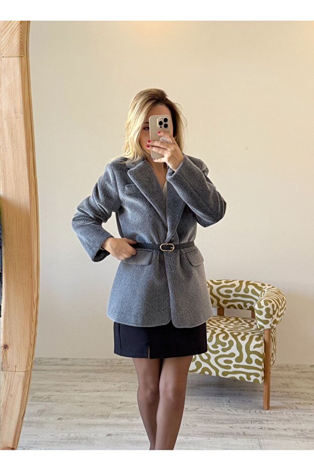 Kırçıllı Kemerli Blazer Ceket - 4