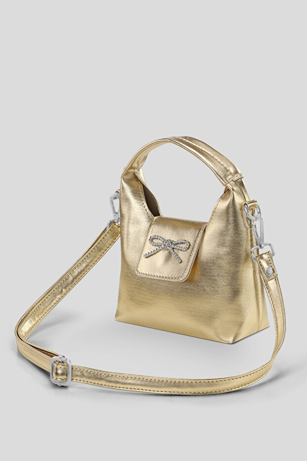 Minimalist Shoulder Bag with Long Strap and Gold Bow Accessory 283