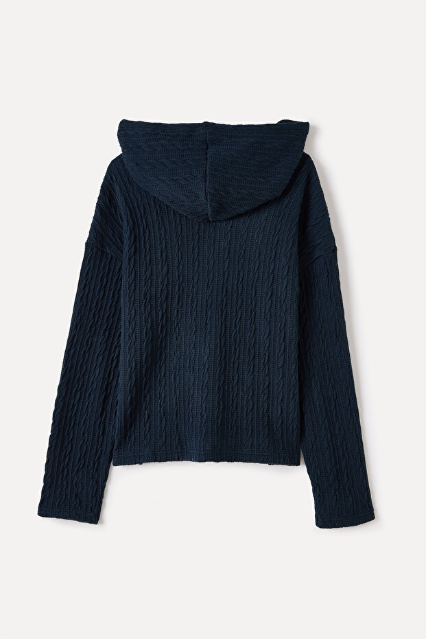KAPÜŞONLU V YAKA ÖRME SWEATSHIRT - 5