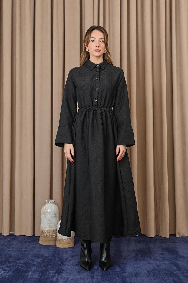 Kadın Belden Tünelli Kapitone Elbise - 20713ELB - Siyah - 3