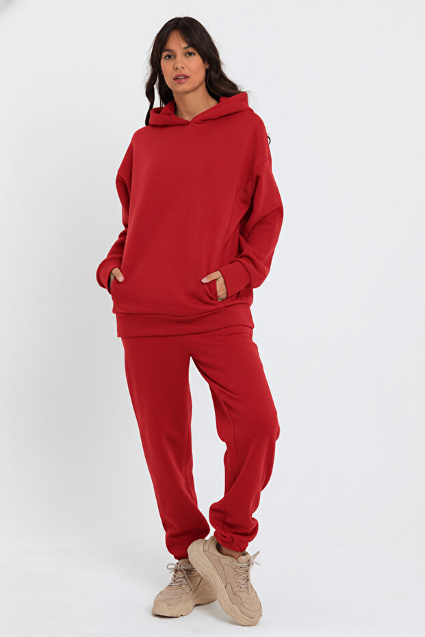 Women's Oversized Tracksuit Set with Elastic Waist and Cuffs, Three Thread Fleece - Red