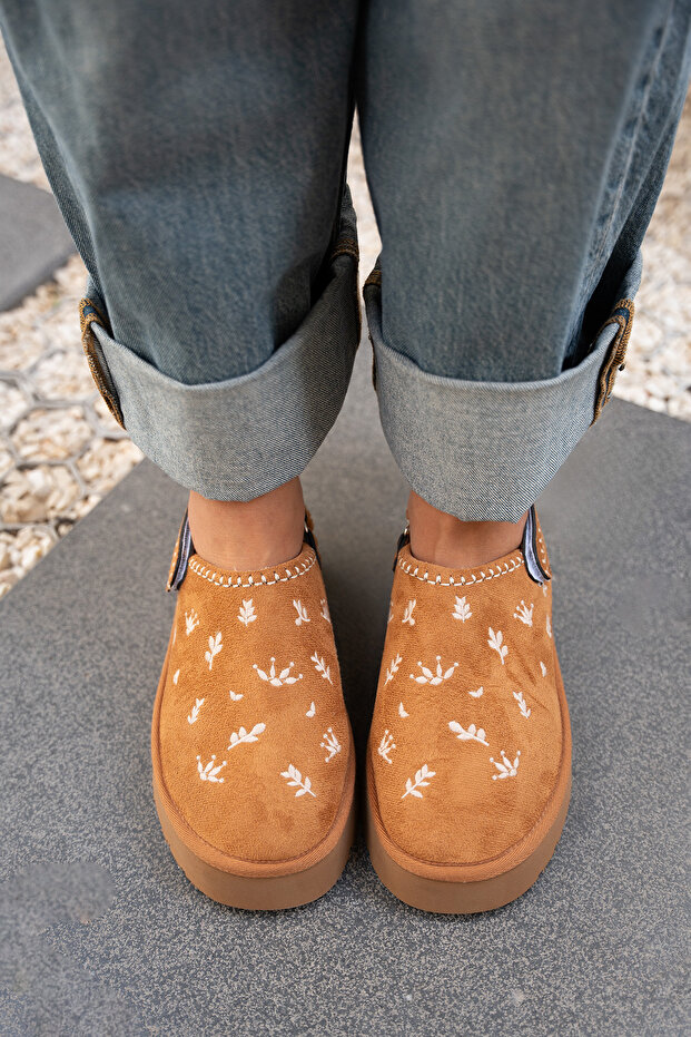 Tavia Brown Suede Embroidered Fur Lined Thick Sole Women's Boots