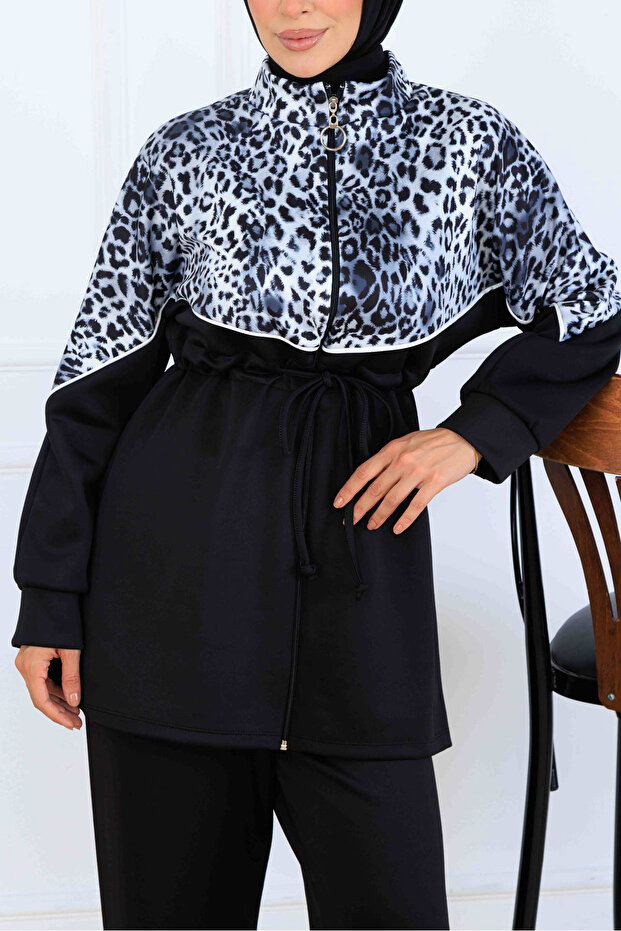 طقم سكوبا مزدوج بنقشة الفهد N5357 أسود - 3