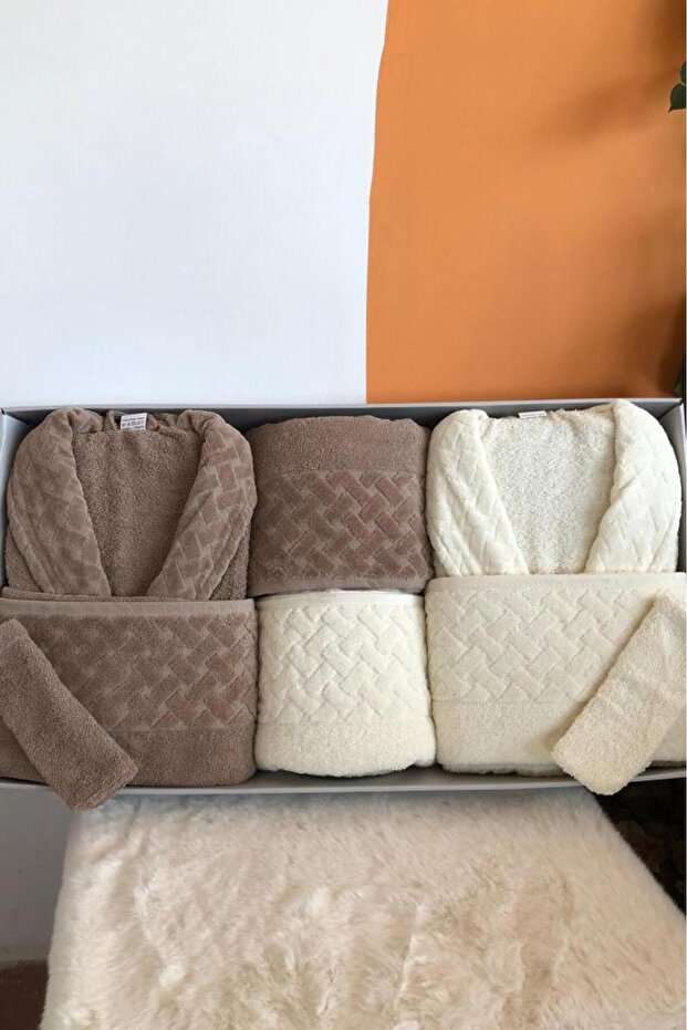 Şazeli 8 Piece Family Bathrobe Set Cream Brown
