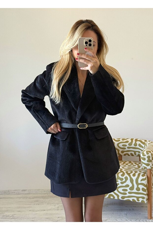 Kırçıllı Kemerli Blazer Ceket - 1