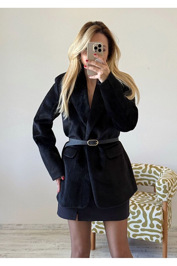 Kırçıllı Kemerli Blazer Ceket - 4