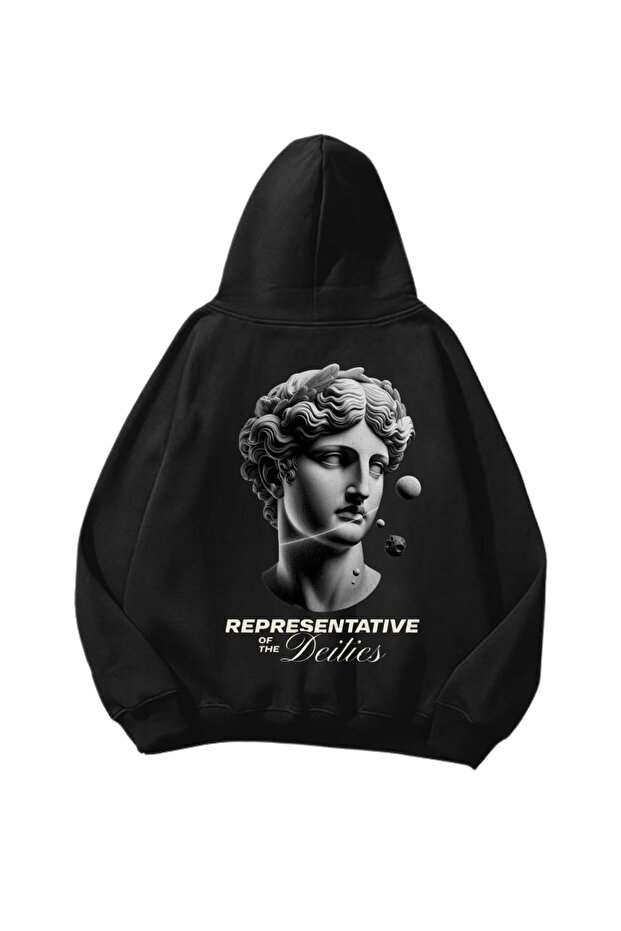 Representative of Statues Printed Black Oversize Unisex Hoodie Sweatshirt