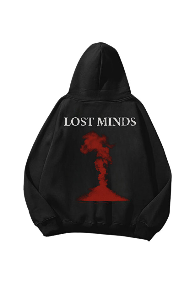 سويت شيرت هوديي أسود كبير الحجم مطبوع عليه Lost Minds للجنسين