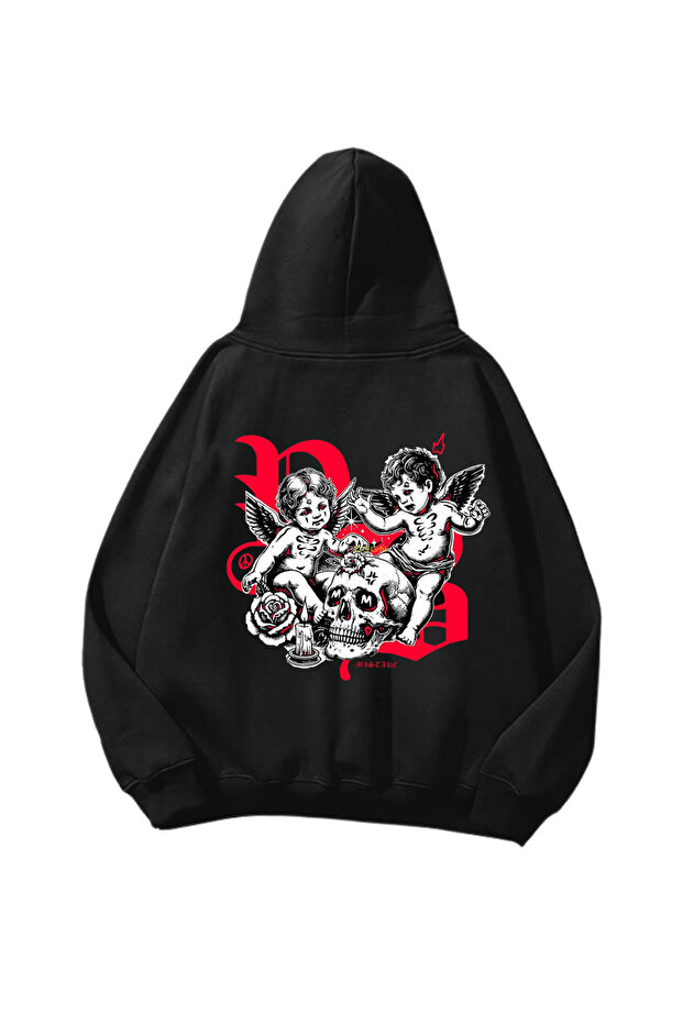 Couple Love Printed Black Oversize Unisex Hoodie Sweatshirt