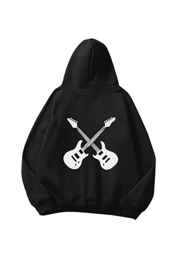 Crossed Guitars Printed Black Oversize Unisex Hoodie Sweatshirt