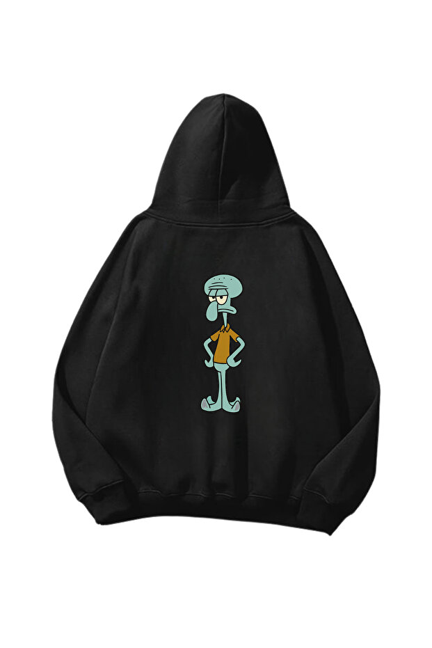 Squidward Printed Black Oversize Unisex Hoodie Sweatshirt