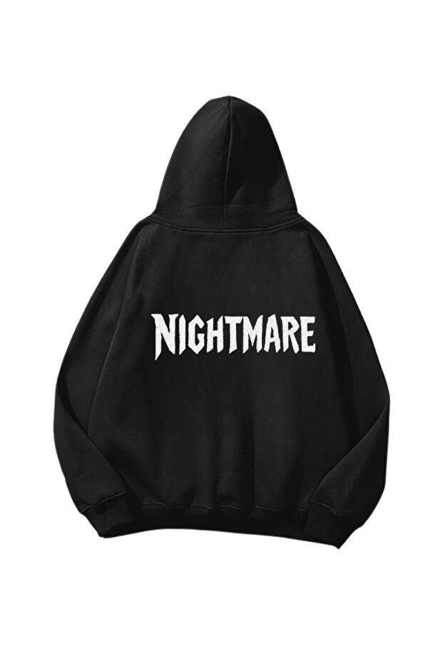 سويت شيرت بقلنسوة أسود كبير الحجم مطبوع عليه Nightmare للجنسين