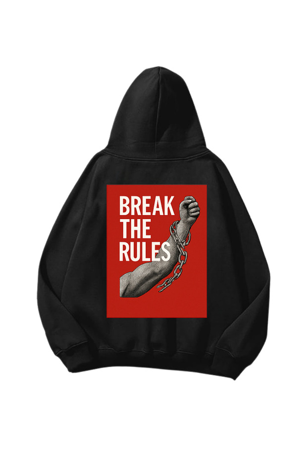 سويت شيرت بقلنسوة أسود كبير الحجم مطبوع عليه Break The Rules للجنسين