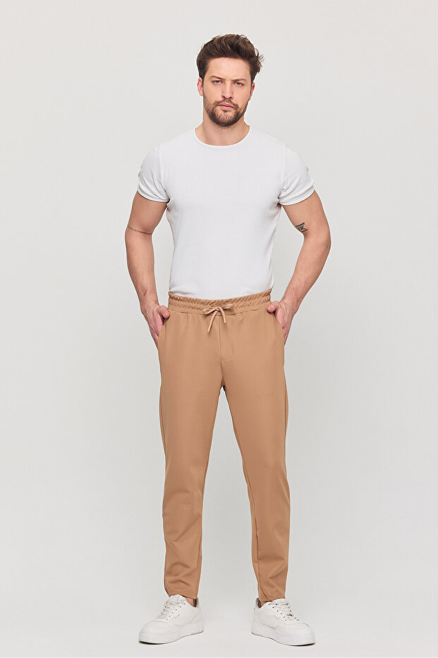 Men's Slim Fit Elastic Waist Drawstring Zipper Lycra Comfortable Jogger Mink Men's Trousers