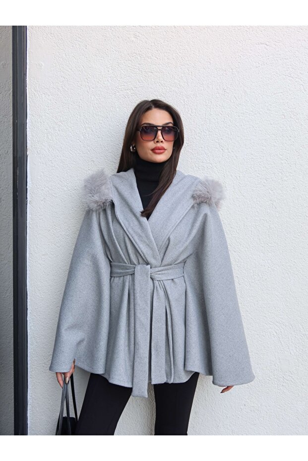 Kürk Kapüşonlu Panço - 1