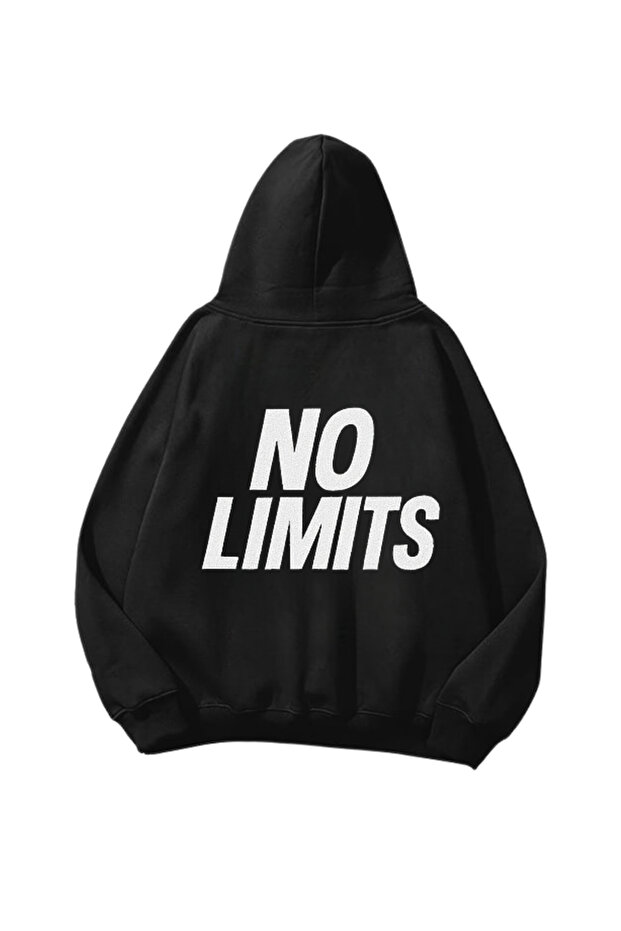سويت شيرت هوديي أسود كبير الحجم مطبوع عليه No Limits للجنسين