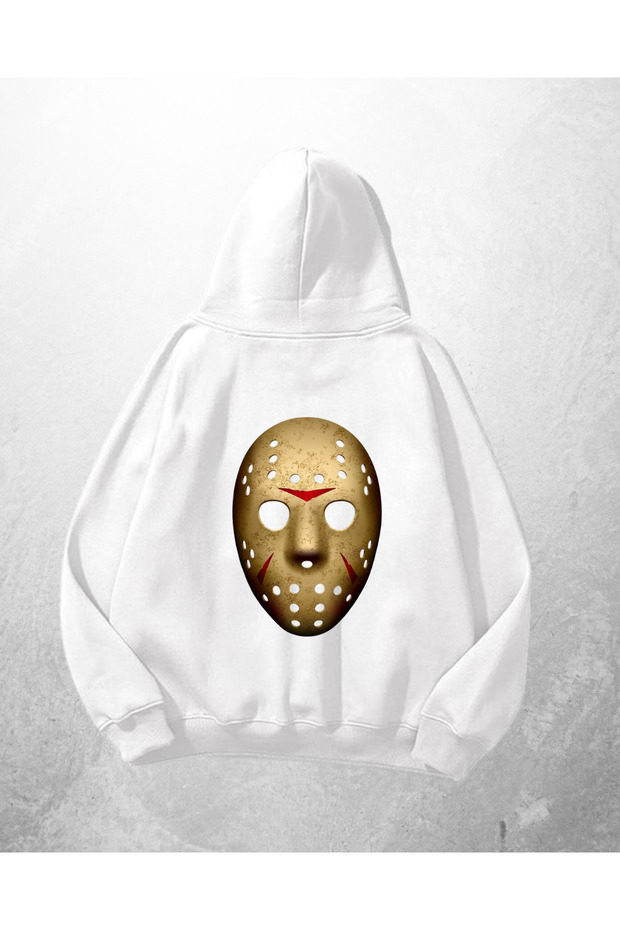 White Unisex Jason Mask Printed Oversize Hoodie Sweatshirt