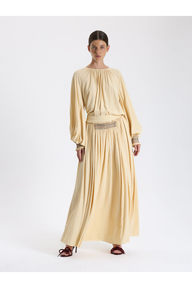 Krem Pileli Maxi Etek - 1