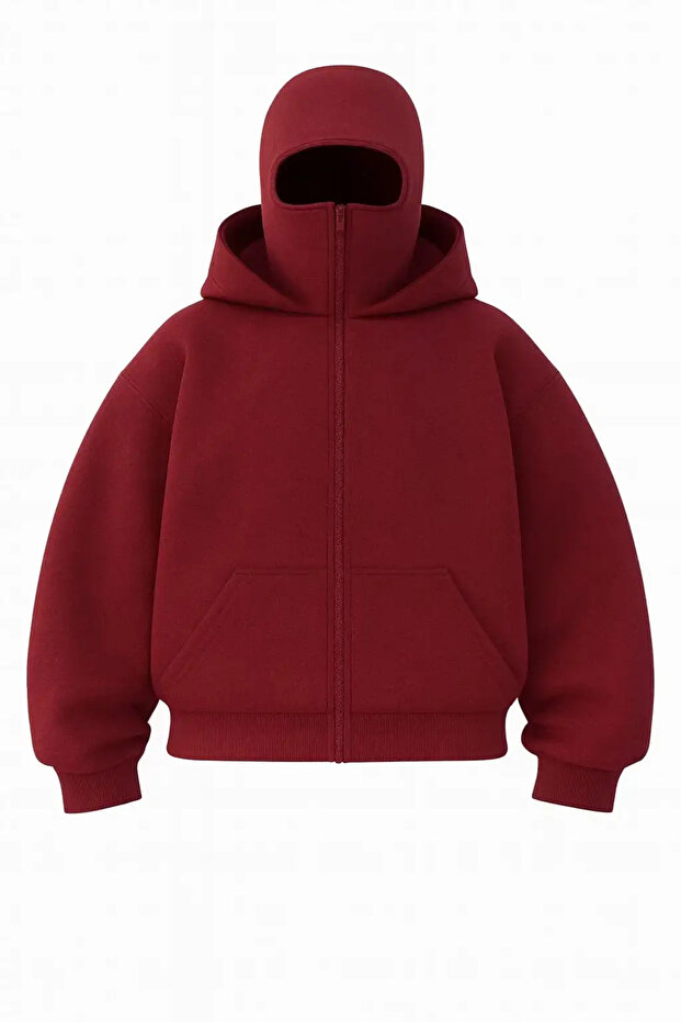 Burgundy Masked Unisex Hooded Cardigan