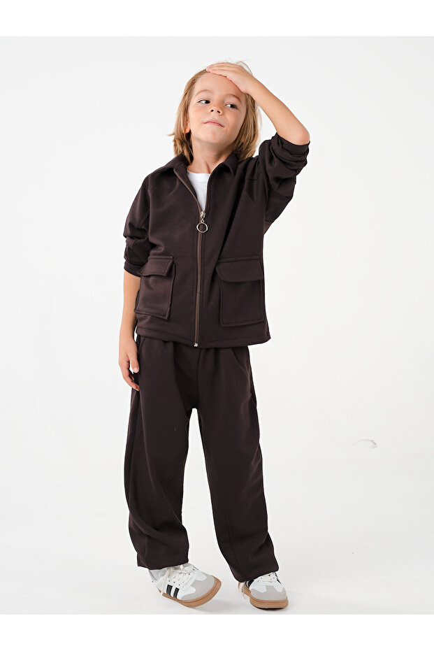 Boy's Pocket Brown Soft Modal Tracksuit Set