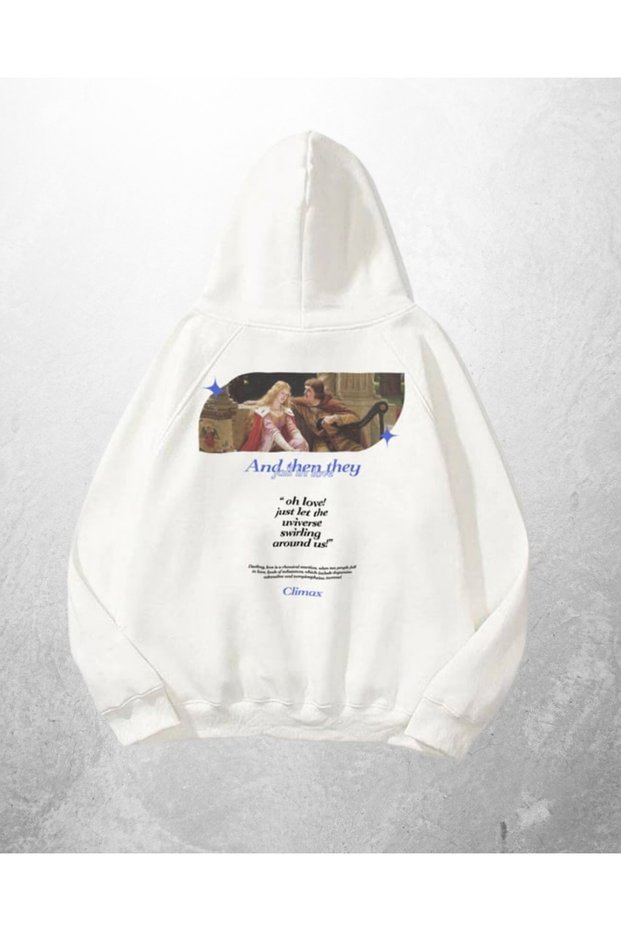 White Unisex Short Story Printed Oversize Hoodie Sweatshirt