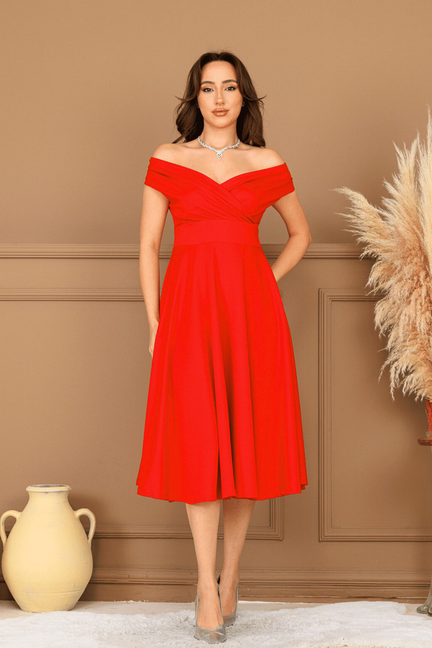 Boat Neck Midi Dress - Red