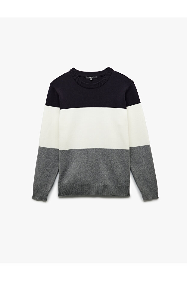 Long Sleeve Color Block Crew Neck Knit Sweater