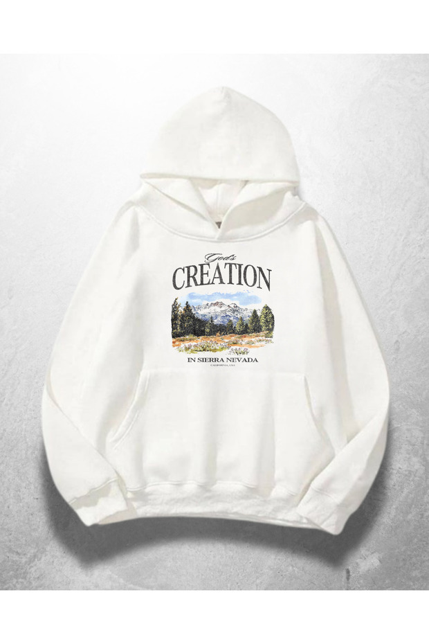 White Unisex Creation Printed Oversize Hoodie Sweatshirt