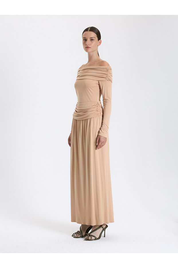 Bej Drapeli Maxi Etek - 3