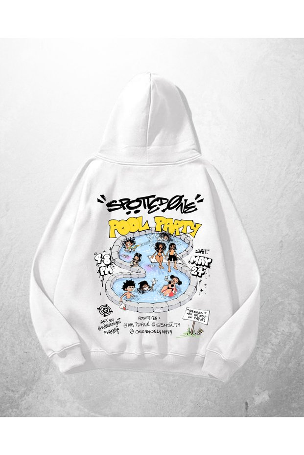 White Unisex Pool Party Printed Oversize Hoodie Sweatshirt