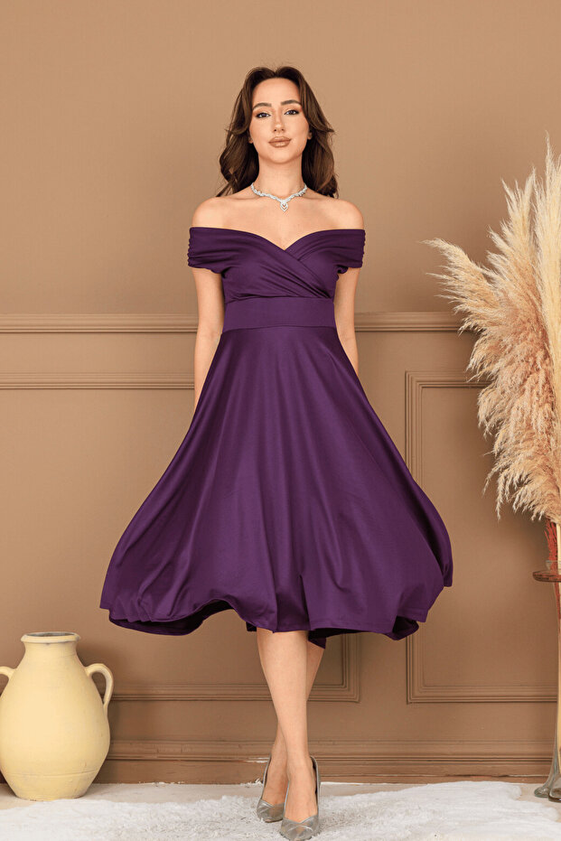 Boat Neck Midi Dress - Eggplant Purple