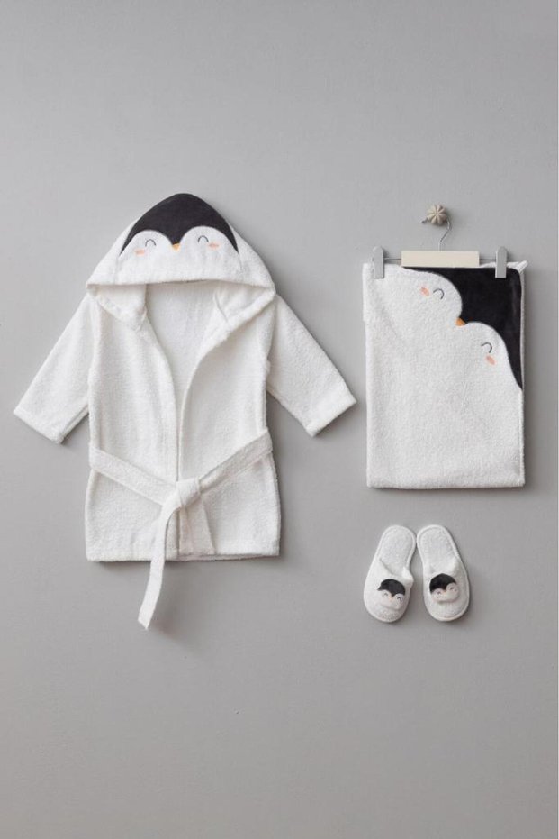 Cute Penguin Patterned 100% Cotton Baby Bathrobe Set 0-2 Years Old Boxed
