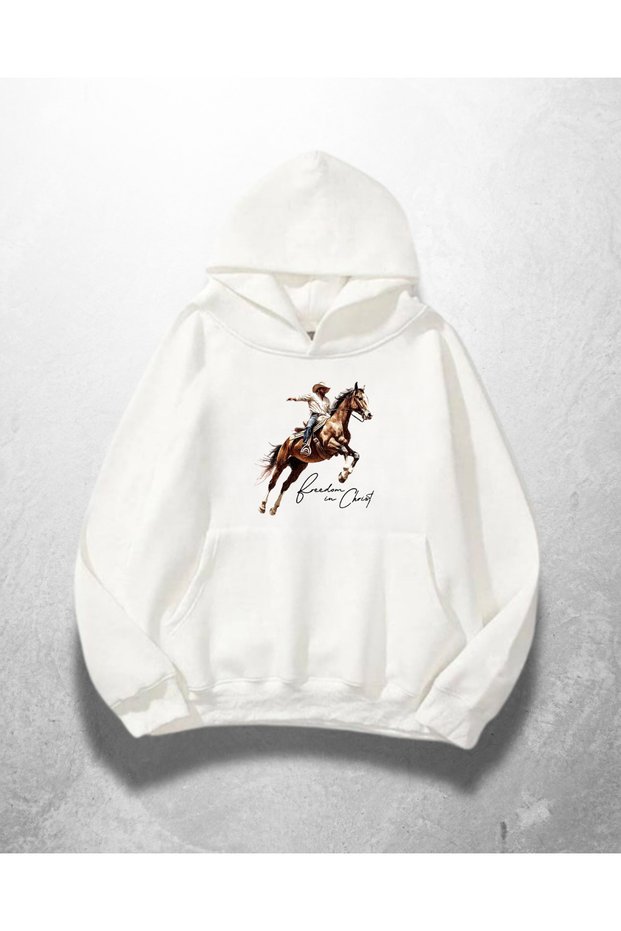 White Unisex Cowboy Printed Oversize Hoodie Sweatshirt
