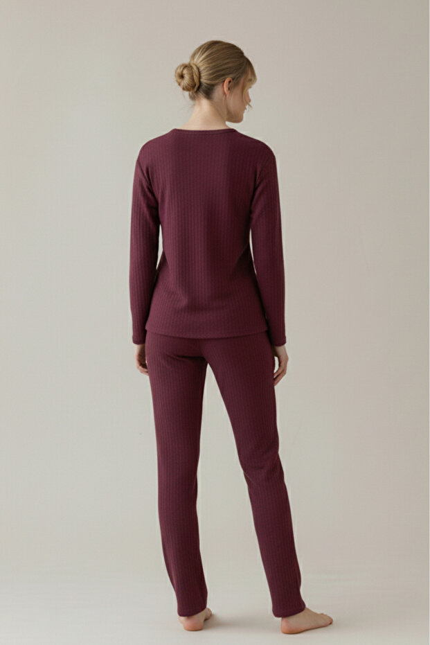 Pamuklu Kalın Kışlık Şeritli Şardonlu İnterlok Örme Pijama Takımı - 5