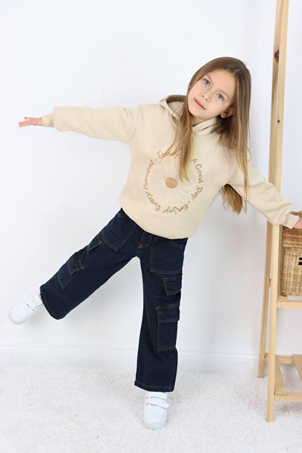 Girl's Jean Cargo Pocket Denim Pants Sweatshirt Set