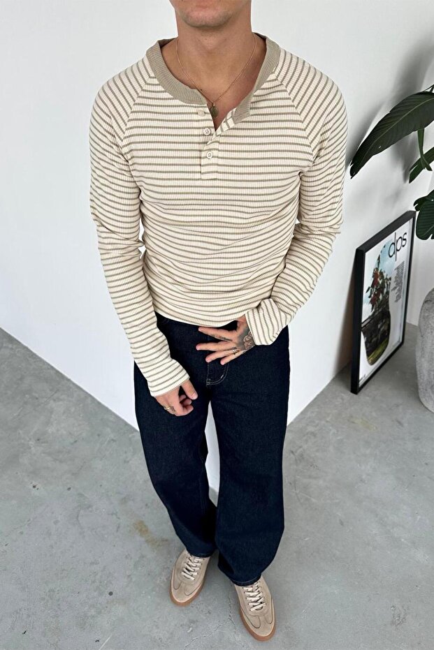 Beige Premium Striped Buttoned Collar Long Sleeve T-Shirt