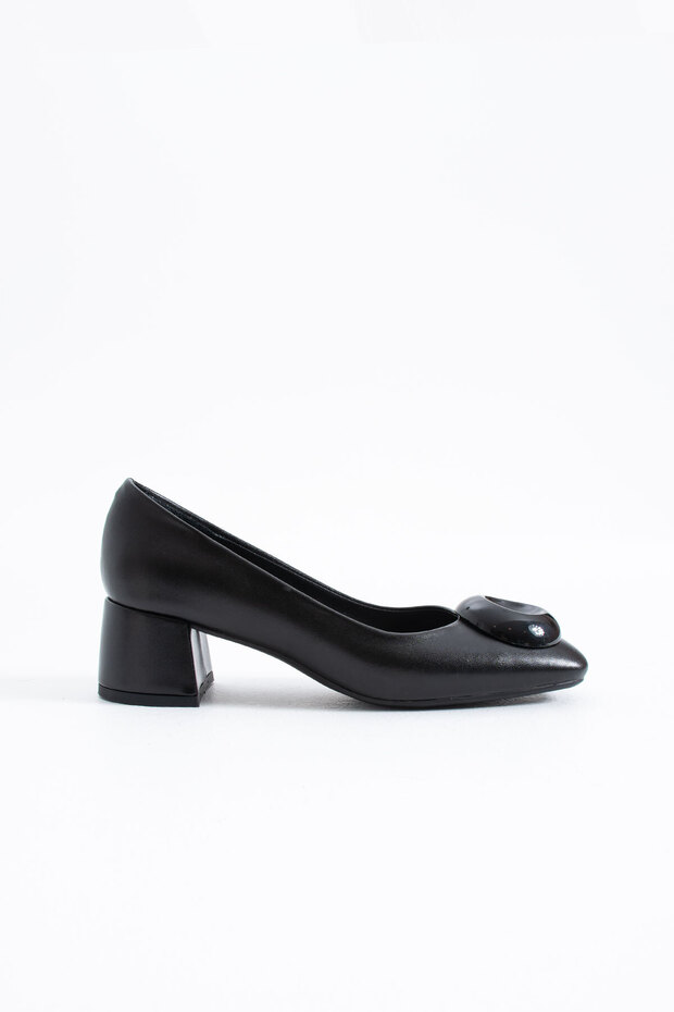 Rosira Women's Buckle Detailed Genuine Leather Heeled Shoes Black