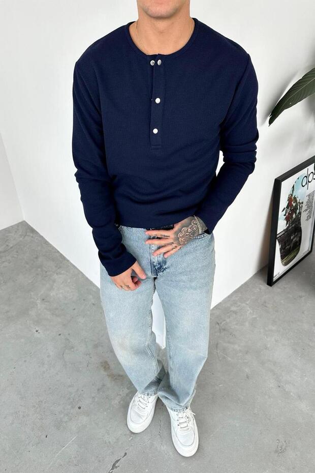Navy Blue Premium Knitted Waffle Buttoned Collar Long Sleeve T-Shirt